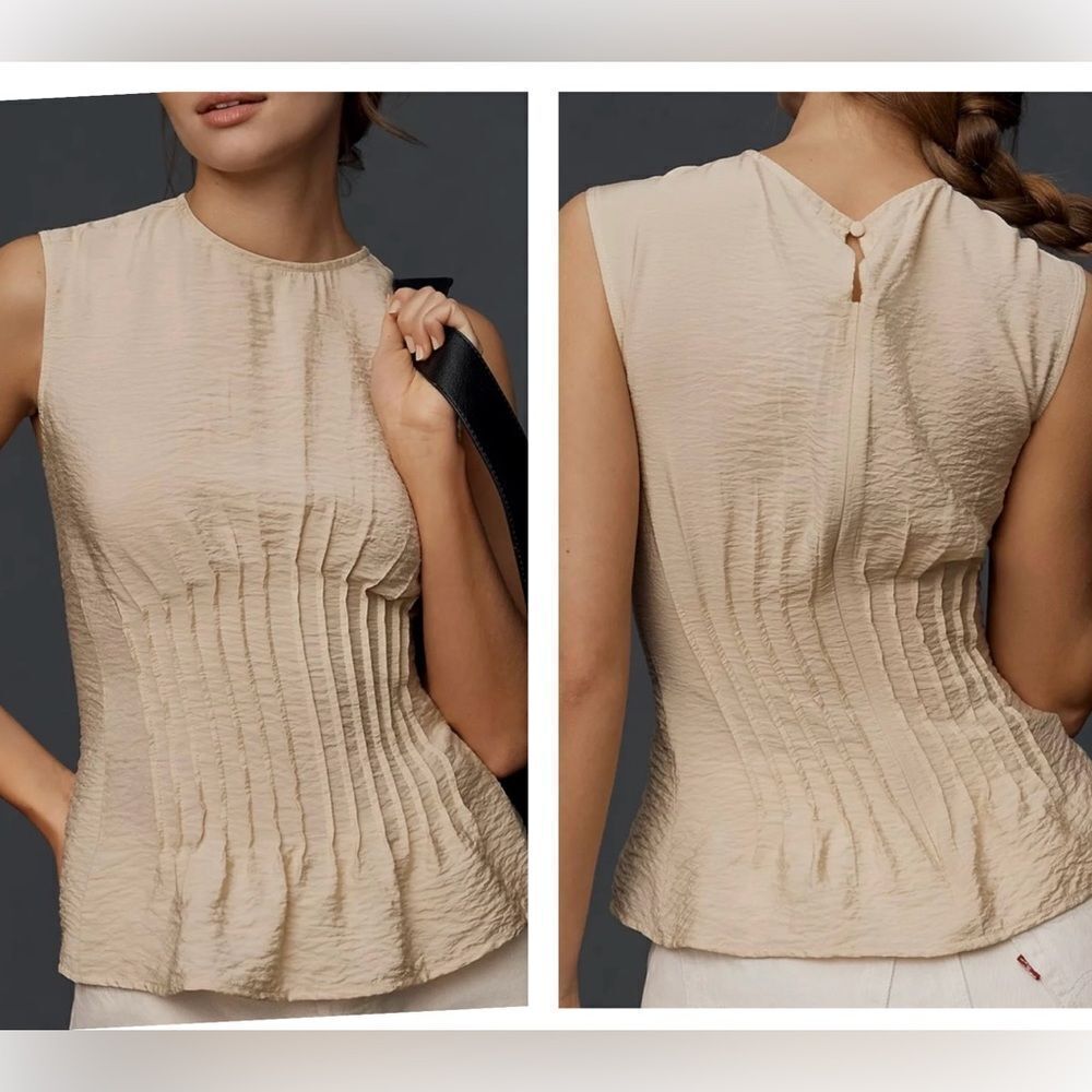 Anthropologie Beige Sleeveless Pleated Texture Top